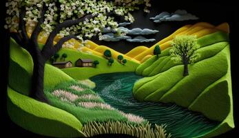 , cute farm landscape made of crochet with trees, river, green grass. Dreamy agricultural scene made of wool materials, fabric, yarn, sewing for background photo