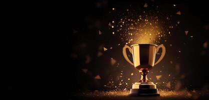 , Winner trophy with flames, golden champion cup with falling confetti on dark background photo