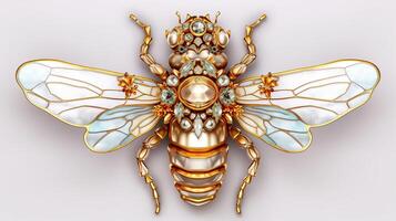 generativo ai, hermosa miel abeja broche, ópalo Roca y dorado color paleta aislado en blanco antecedentes. bisutería, joyería cerca arriba foto