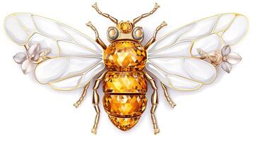 generativo ai, hermosa miel abeja broche, ópalo Roca y dorado color paleta aislado en blanco antecedentes. bisutería, joyería cerca arriba foto