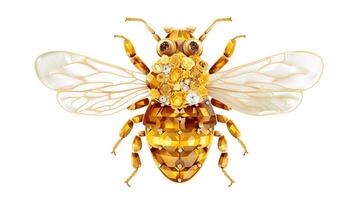 , beautiful honey bee brooch, opal stone and golden color palette isolated on white background. Bijouterie, jewelry close up photo