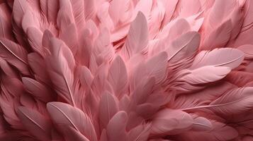 , Beautiful light pink closeup feathers, photorealistic background. Small fluffy pink feathers randomly scattered forming photo