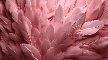 , Beautiful light pink closeup feathers, photorealistic background. Small fluffy pink feathers randomly scattered forming photo