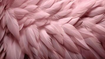 , Beautiful light pink closeup feathers, photorealistic background. Small fluffy pink feathers randomly scattered forming photo