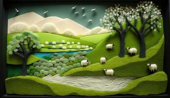 , cute farm landscape made of crochet with trees, river, green grass. Dreamy agricultural scene made of wool materials, fabric, yarn, sewing for background photo