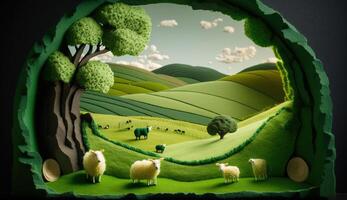 , cute farm landscape made of crochet with trees, river, green grass. Dreamy agricultural scene made of wool materials, fabric, yarn, sewing for background photo