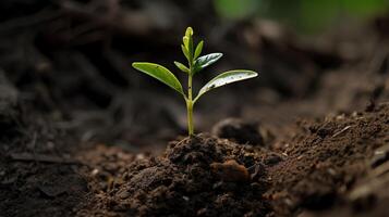 generativo ai, joven planta creciente en luz de sol desde el suelo, macro fotorrealista ilustración, agrícola vegetal. naturaleza orgánico sano granja comida concepto, horizontal bandera. foto