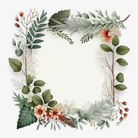 Flower Frame Surrounded With Foliage Twigs on white canvas background - photo