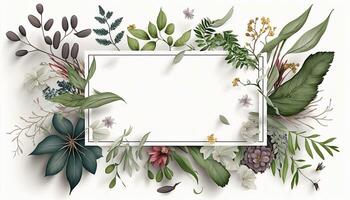 Flower Frame Surrounded With Foliage Twigs on white canvas background - photo