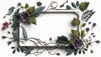 Flower Frame Surrounded With Foliage Twigs on white canvas background - photo