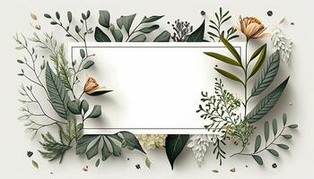 Flower Frame Surrounded With Foliage Twigs on white canvas background - photo