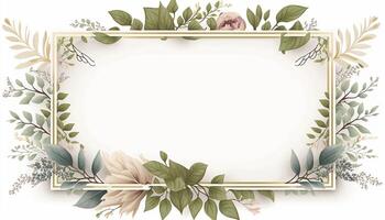 Flower Frame Surrounded With Foliage Twigs on white canvas background - photo