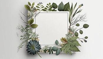 Flower Frame Surrounded With Foliage Twigs on white canvas background - photo