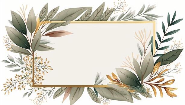 Rectangular Rose Flower Frame Surrounded With Twigs of Foliage in Aesthetic Style Background - photo