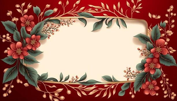 Rectangular Rose Flower Frame Surrounded With Twigs of Foliage in Aesthetic Style Background - photo
