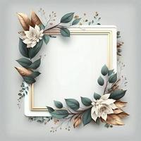 Blank White Square Frame Decorated with Flowers Around the Edges and Surrounded by Leaf Branches Background photo
