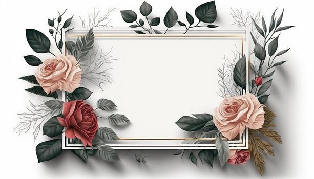 Rectangular Rose Flower Frame Surrounded With Twigs of Foliage in Aesthetic Style Background - photo