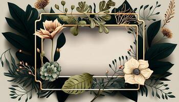 Rectangular Rose Flower Frame Surrounded With Twigs of Foliage in Aesthetic Style Background - photo