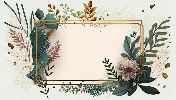 Rectangular Rose Flower Frame Surrounded With Twigs of Foliage in Aesthetic Style Background - photo