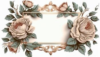 Rectangular Rose Flower Frame Surrounded With Twigs of Foliage in Aesthetic Style Background - photo