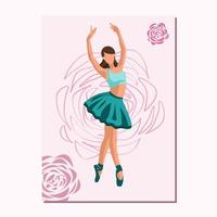 Caucasian white faceless ballet dancer in a green tutu and pointe shoes dancing on a pink poster with flowers. Vector illustration in flat style