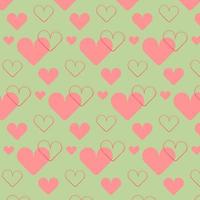 Seamless pattern of pink hearts in different sizes on a green background. Vector illustration