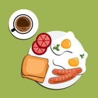 Fried egg with red tomato, toast, sausage, and green parsley on a white plate with a cup of coffee. Healthy food is isolated on a green background. Paper cut out vector illustration