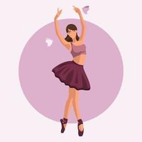 vector ilustración clásico ballet. caucásico blanco mujer ballet bailarín en un tutu y pointe Zapatos bailando con mariposas en púrpura circulo antecedentes en un plano estilo