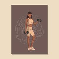 Fitness poster with a African American woman in sportswear standing and doing a workout with dumbbells on brown background. Vector illustration