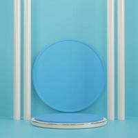 blue and white cylinder pedestal podium with circle shape backdrop. abstract pastel blue color. 3d rendering photo