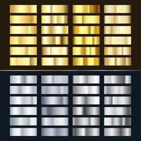 Golden and Silver gradient set. Various of shiny silvery and gold pattern. Realistic metalic foil. Vector illustration isolated on white background