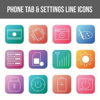 Unique phone tab and settings vector line icon set