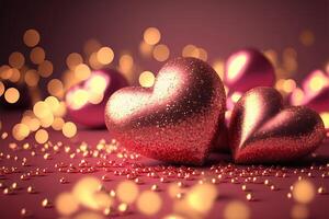 Bright festive background with inflatable hearts, sequins and bokeh Light Effect. Card background for Valentine's Day, Happy Birthday and so on. photo