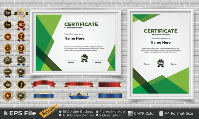 Template Certificate Design Bundle with Ribbons, Golden Badges, and frame mockups for appreciation, award, completion, diploma. CMYK Color A4 Format