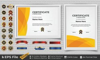 Template Certificate Design Bundle with Ribbons, Golden Badges, and frame mockups for appreciation, award, completion, diploma. CMYK Color A4 Format vector