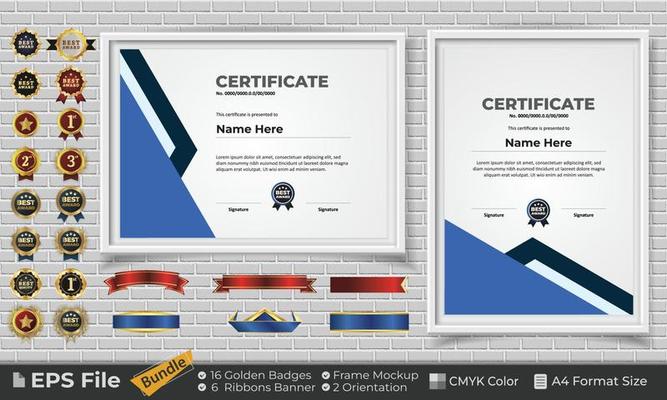 Template Certificate Design Bundle with Ribbons, Golden Badges, and frame mockups for appreciation, award, completion, diploma. CMYK Color A4 Format