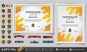 modelo certificado diseño haz con cintas, dorado insignias, y marco maquetas para apreciación, otorgar, terminación, diploma. cmyk color a4 formato vector