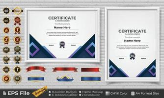 Template Certificate Design Bundle with Ribbons, Golden Badges, and frame mockups for appreciation, award, completion, diploma. CMYK Color A4 Format vector