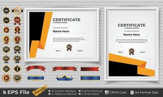 modelo certificado diseño haz con cintas, dorado insignias, y marco maquetas para apreciación, otorgar, terminación, diploma. cmyk color a4 formato vector