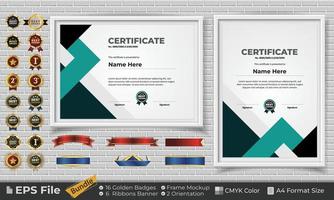 Template Certificate Design Bundle with Ribbons, Golden Badges, and frame mockups for appreciation, award, completion, diploma. CMYK Color A4 Format vector