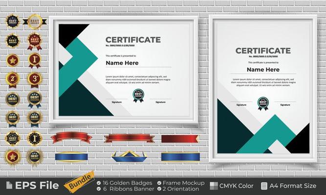 Template Certificate Design Bundle with Ribbons, Golden Badges, and frame mockups for appreciation, award, completion, diploma. CMYK Color A4 Format