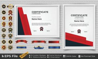 Template Certificate Design Bundle with Ribbons, Golden Badges, and frame mockups for appreciation, award, completion, diploma. CMYK Color A4 Format vector