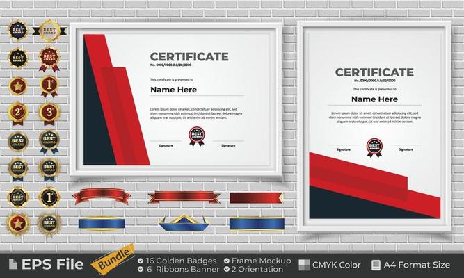 Template Certificate Design Bundle with Ribbons, Golden Badges, and frame mockups for appreciation, award, completion, diploma. CMYK Color A4 Format