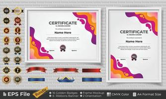 modelo certificado diseño haz con cintas, dorado insignias, y marco maquetas para apreciación, otorgar, terminación, diploma. cmyk color a4 formato vector