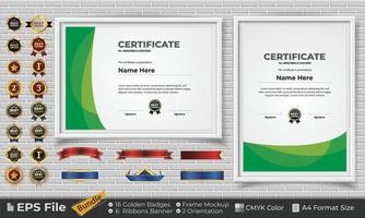 modelo certificado diseño haz con cintas, dorado insignias, y marco maquetas para apreciación, otorgar, terminación, diploma. cmyk color a4 formato vector