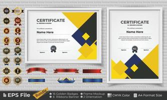 modelo certificado diseño haz con cintas, dorado insignias, y marco maquetas para apreciación, otorgar, terminación, diploma. cmyk color a4 formato vector