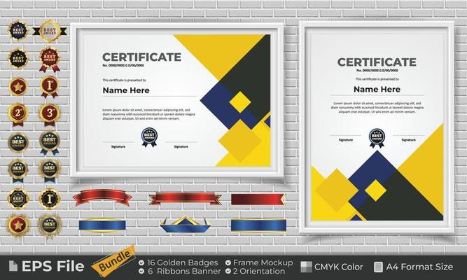 Template Certificate Design Bundle with Ribbons, Golden Badges, and frame mockups for appreciation, award, completion, diploma. CMYK Color A4 Format