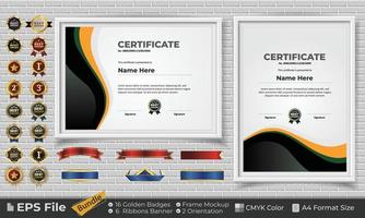 Template Certificate Design Bundle with Ribbons, Golden Badges, and frame mockups for appreciation, award, completion, diploma. CMYK Color A4 Format vector