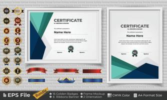 modelo certificado diseño haz con cintas, dorado insignias, y marco maquetas para apreciación, otorgar, terminación, diploma. cmyk color a4 formato vector