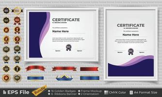 Template Certificate Design Bundle with Ribbons, Golden Badges, and frame mockups for appreciation, award, completion, diploma. CMYK Color A4 Format vector